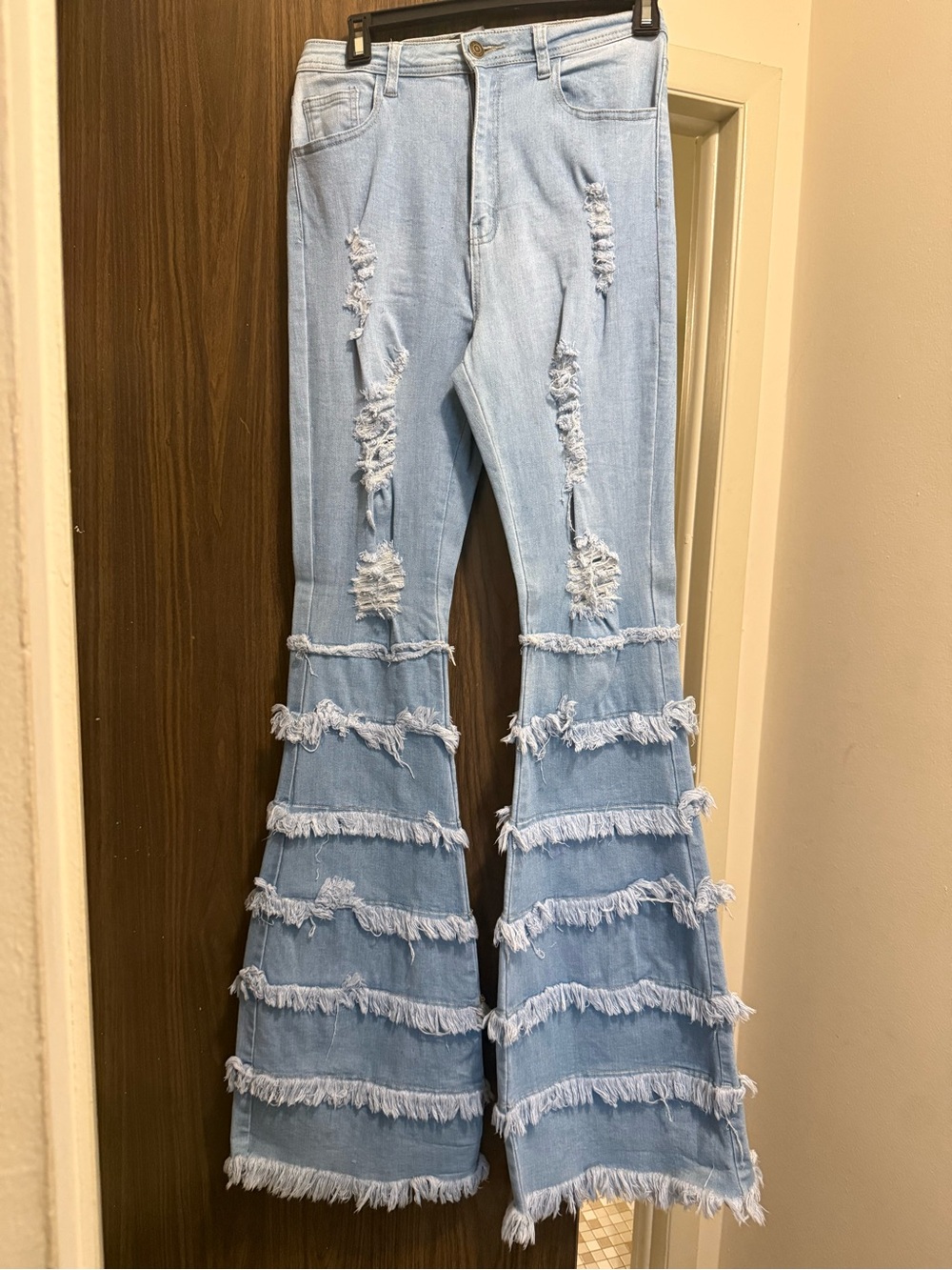 Fashion Nova Light Blue Fringed Flare Jeans